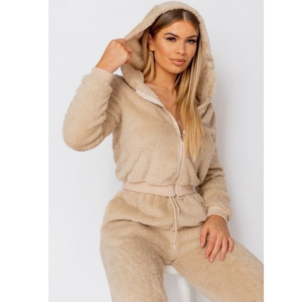 Beige Teddy Bear Fur Long Sleeve Hooded Crop Top and Jogger Pants Two Piece Set - Picture 3 of 11